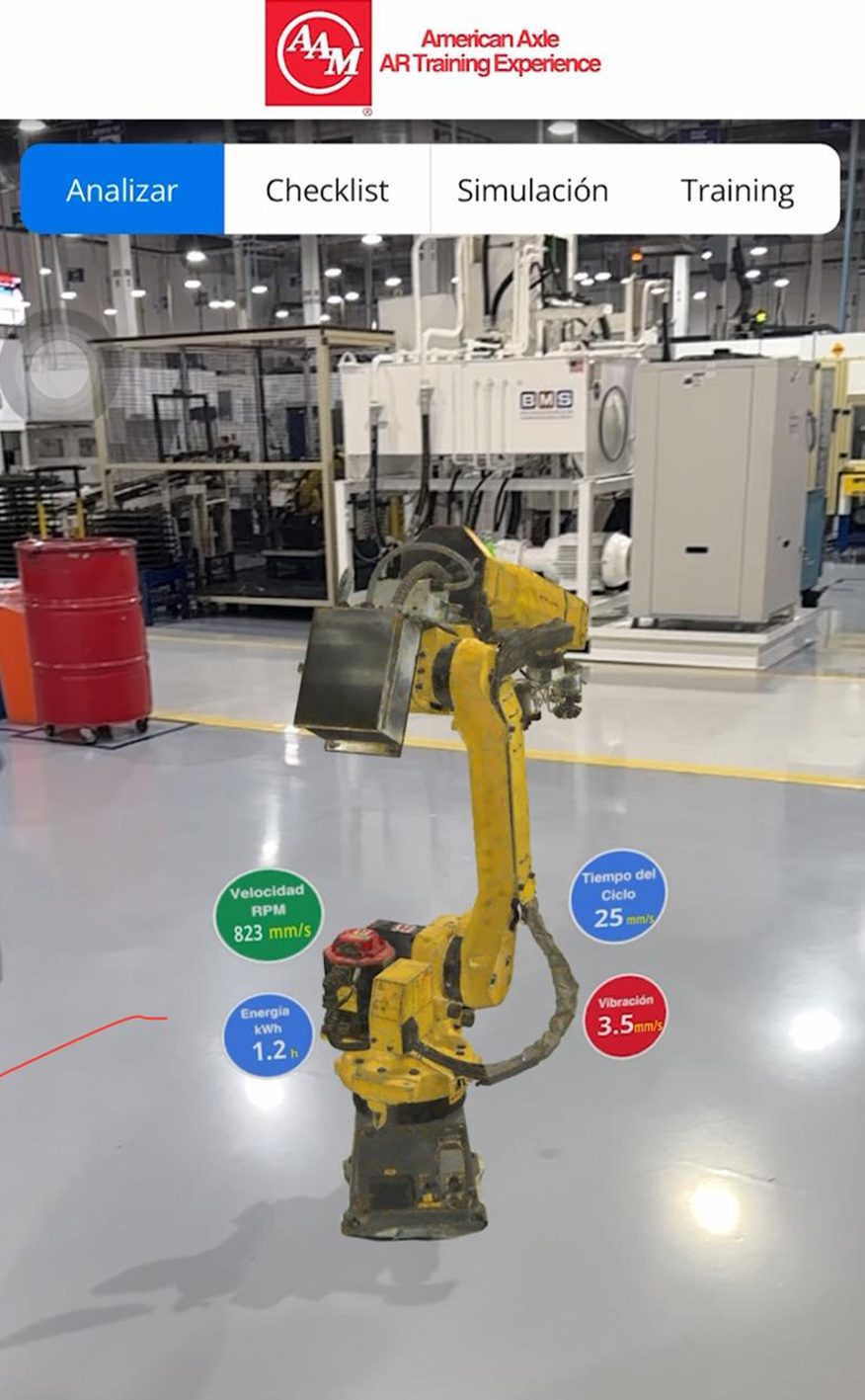 Robot FANUC en la línea de producción de AAM visto a través de la app AR, con indicadores de velocidad, tiempo de ciclo, energía y vibración