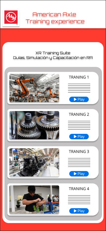 Diseño hi-fi de la pantalla Training Suite con cuatro módulos de capacitación en realidad aumentada