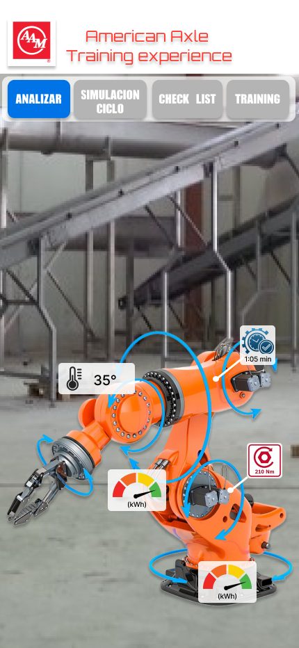 Diseño hi-fi del modo Analizar: brazo robótico con indicadores de temperatura, torque, energía y tiempo de ciclo