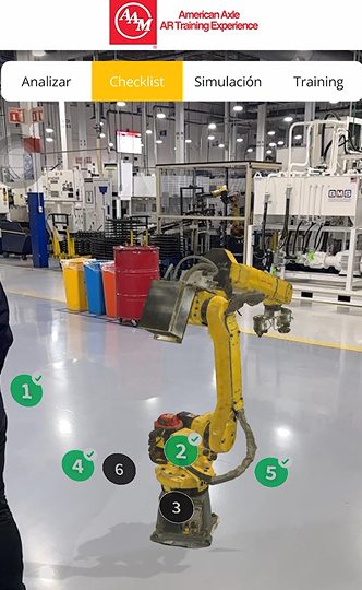 App AR en funcionamiento: modo Checklist con puntos de inspección numerados sobre un robot FANUC en planta