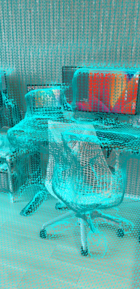 Nube de puntos generada con LiDAR: escritorio y silla del showroom reconstruidos como malla de puntos en color cian
